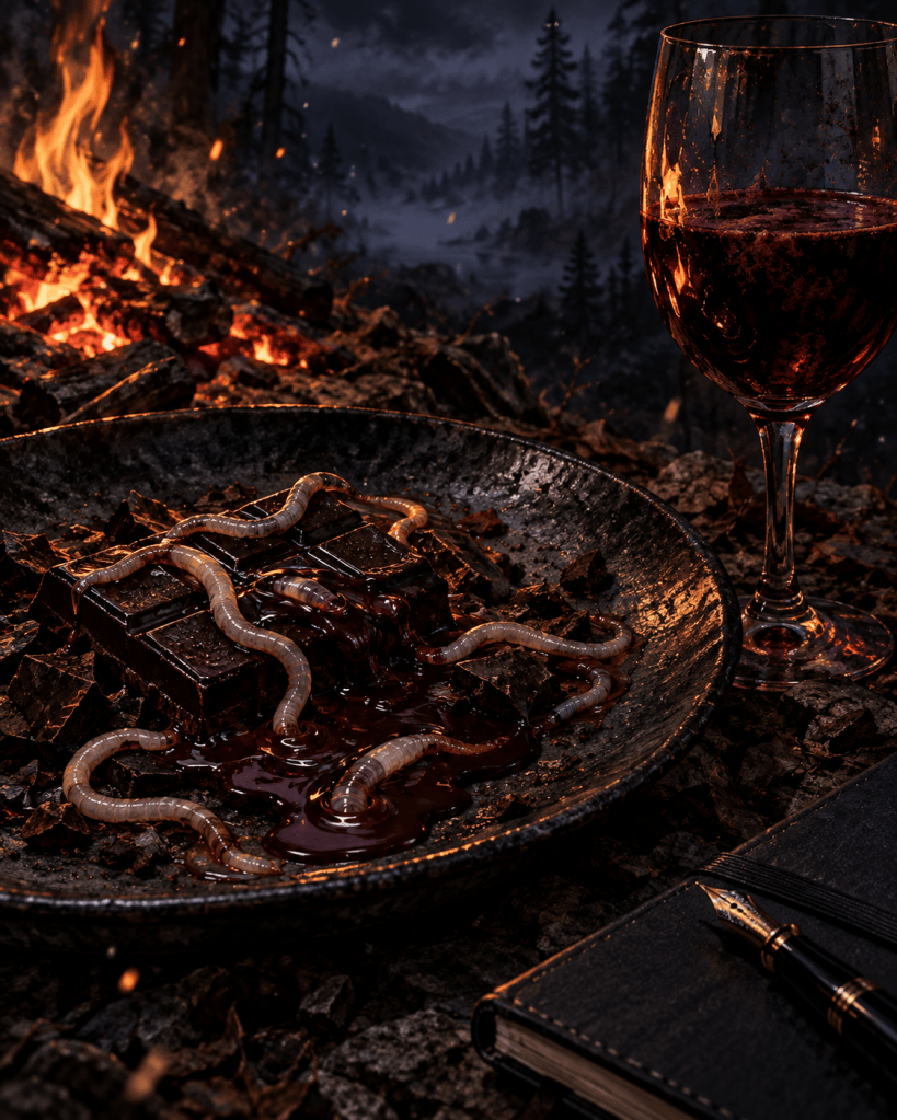 Pale worms crawling through melting dark chocolate beside a cloudy glass of red wine in firelight, symbolizing betrayal and corrupted sweetness. Quantum Gravity - Azad.