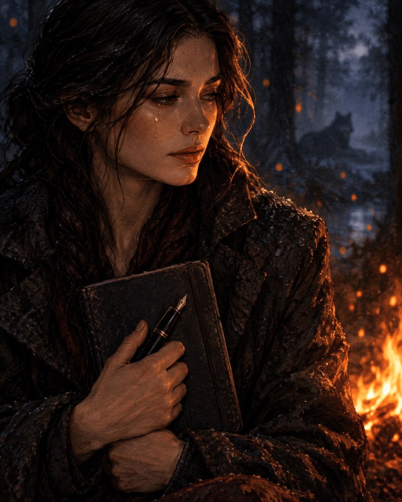 The writer letting go, holding her pages and moreso her magic. Quantum Gravity - Azad.