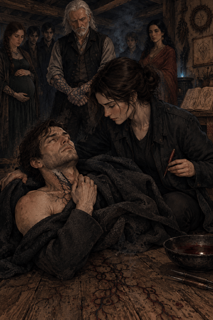 A recent returned Wolfgang lies on wooden floorboards in a smoke-dark Bavarian room as the writer covers him with a charcoal coat after an ancestral tattoo ritual. Quantum Gravity Azad.