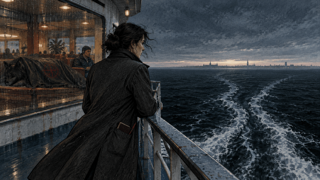 The writer in a charcoal coat stands on the rain-darkened deck of a North Sea ferry at dawn, with black water and a pale Amsterdam horizon in front of her. Quantum Gravity - Azad.
