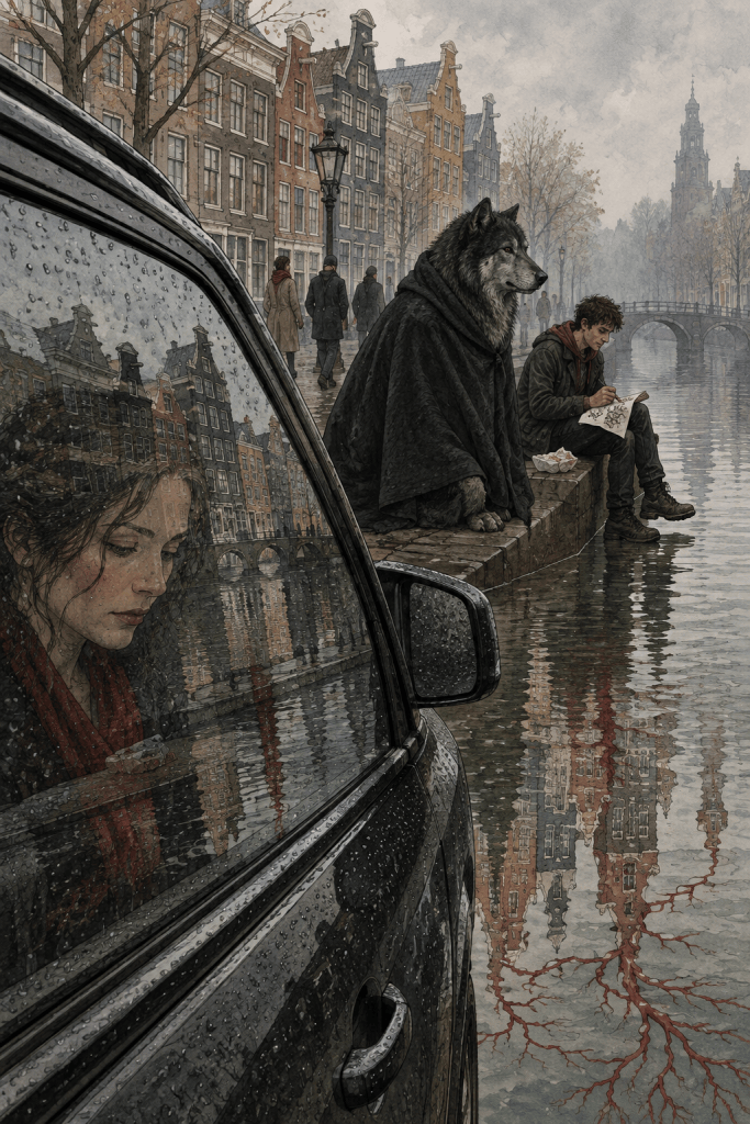 The writer seen through a rain-speckled SUV window watches an Amsterdam canal while an enormous wolf waits beneath a black blanket on the quay. Quantum Gravity - Azad.