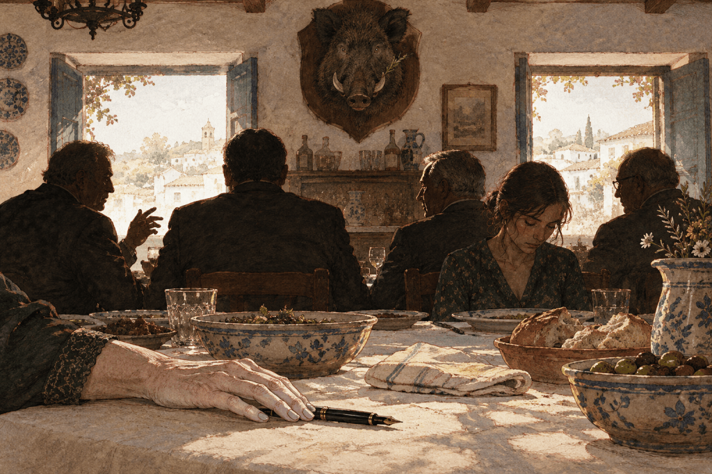 Illustration of a tense family lunch in a Spanish village restaurant, with a boar’s head above the table and a fountain pen in the foreground. Quantum Gravity - Azad.