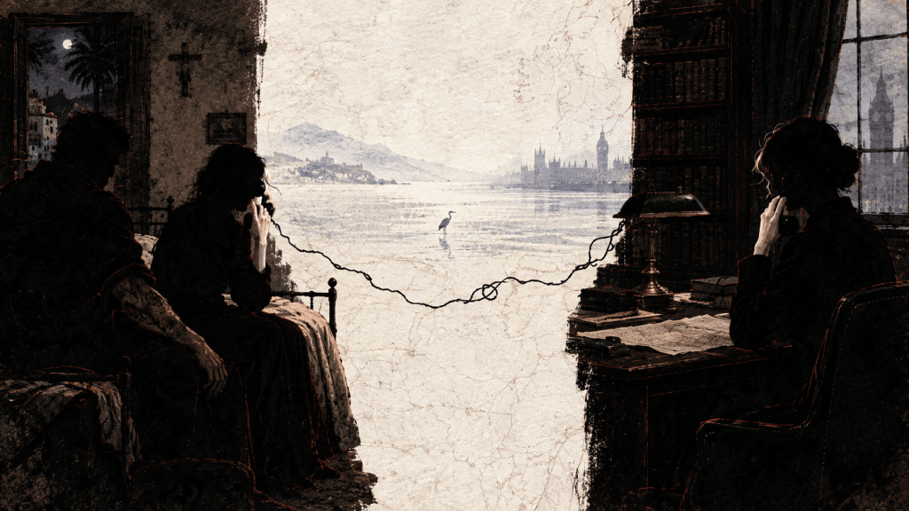 The writer in a Tangier hotel room holds a telephone receiver while Wolfgang sits beside her in shadow; across a pale central divide, Inez answers from a lamp-lit manor office surrounded by old books, maps, and papers. Quantum Gravity - Azad.