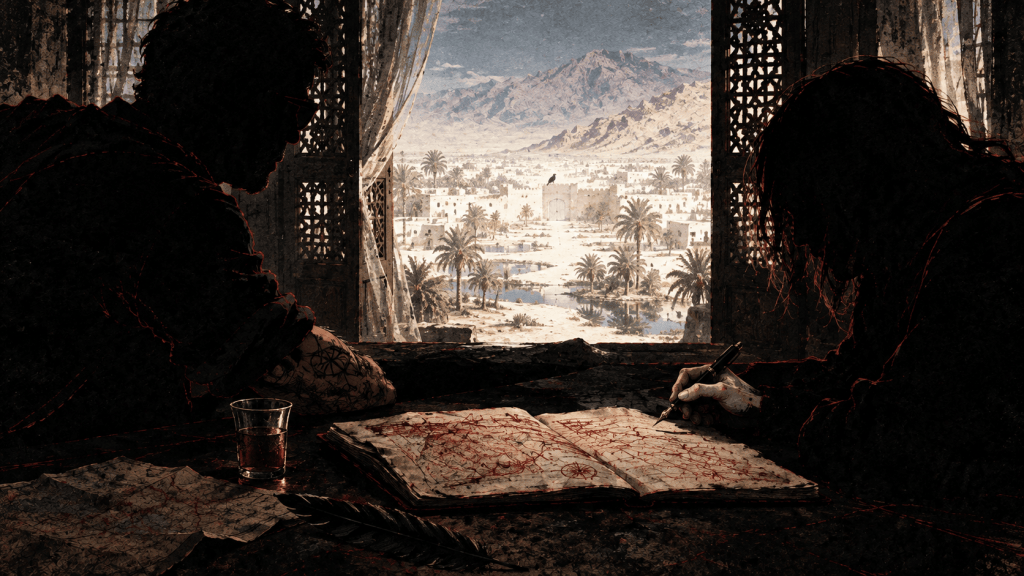 Writer and Wolfgang sit in silhouette at a low table in a dark Tangier room, studying a red-ink notebook and desert map, while the white oasis city of Zerzura appears beyond open lattice doors in the distance. Quantum Gravity - Azad.