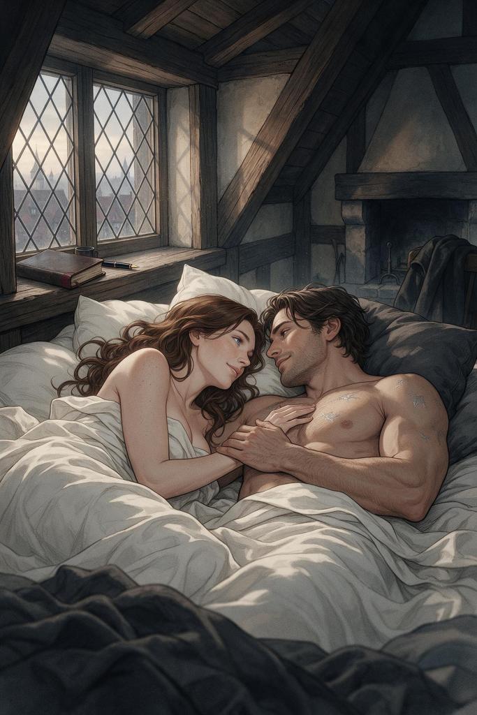 A brown-haired blue-eyed writer lies beside Wolfgang in human form in a dawn-lit attic room, with silver wolf tattoos on his chest and a black fountain pen on the windowsill.
