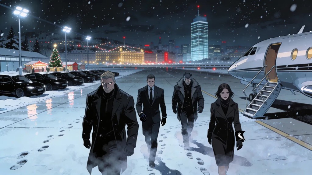 Three men and a woman in dark coats walk across a snow-covered airstrip at night, away from a private jet, with Christmas market stalls and the lights of Zurich behind them.