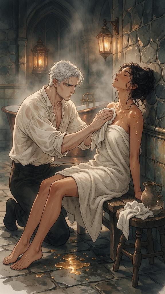 A steamy English manor bathroom where Mikhail, a lean silver-haired man in a damp rolled-up linen shirt, kneels to gently wash glowing aged-gold liquid from the exhausted writer wrapped in a white bath towel. Chaos Magic - Azad.