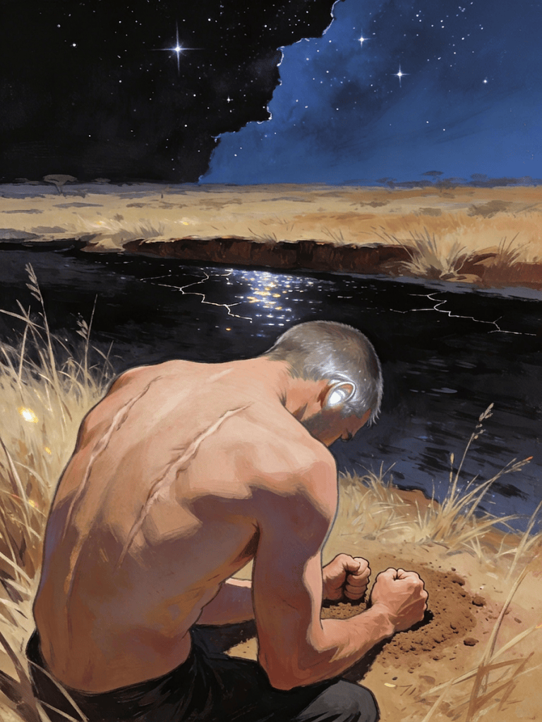 "Graphic-novel illustration, Mikhail kneeling bare-backed beside dark water under a star-filled night sky." Zavet.