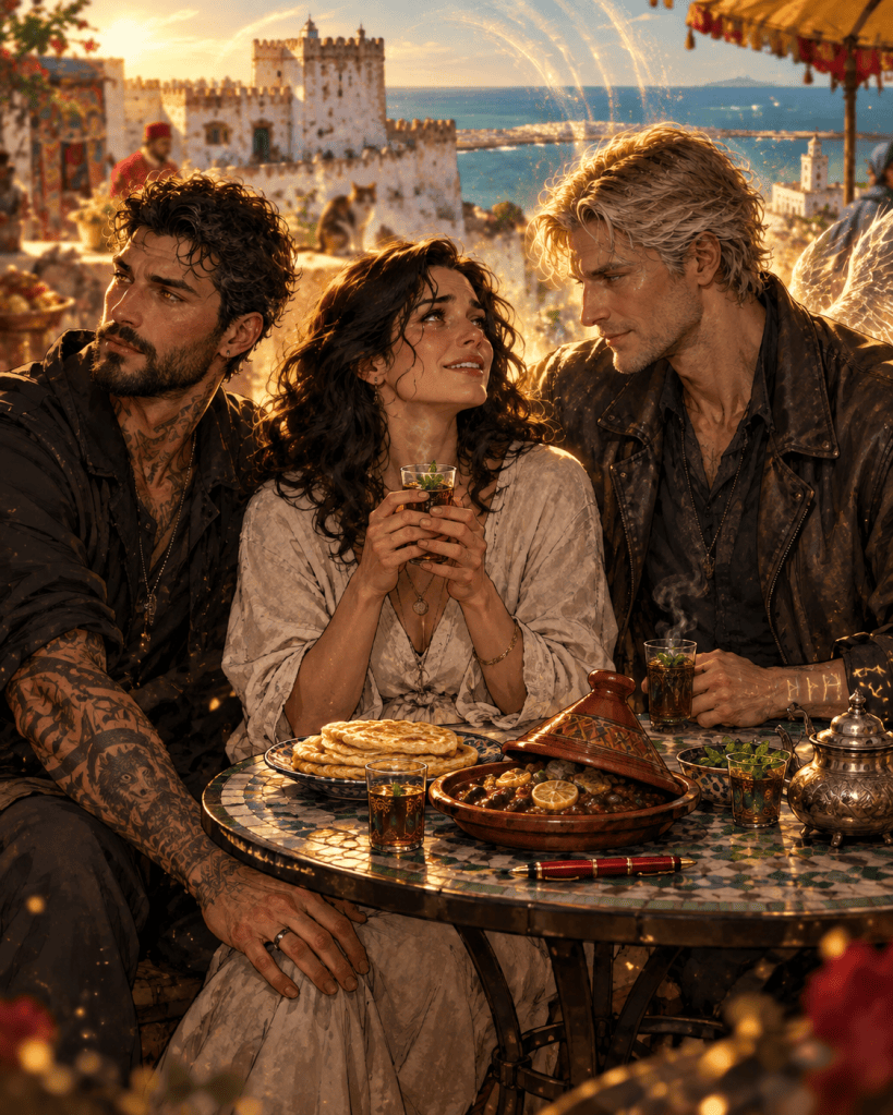 "Graphic-novel scene on a Kasbah rooftop: a woman stares at a leather-jacketed man seen from behind, with the sea and ochre ramparts behind them."