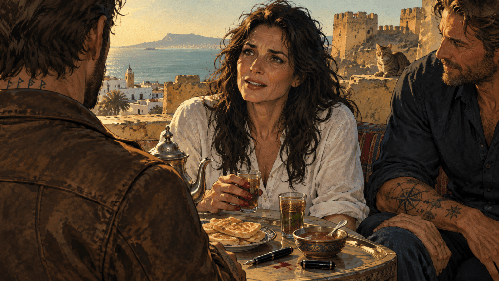 "Illustrated scene at a Tangier Kasbah café: the writer holds a mint tea glass, moved to tears, as archangel Mikhail returned to her and Wolfgang sit with her."