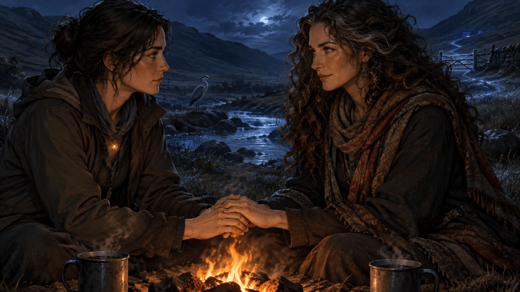The oath: The writer and the matriarch clasp hands beside a fire in a Welsh glen at night, with steaming tin mugs nearby and a heron beside the stream.Quantum Gravity - Azad.