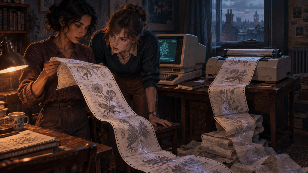 The transmission: Indra and Kendra examine botanical printouts cascading from a vintage printer, with a faint luminous thread running through the paper. Quantum Gravity - Azad.