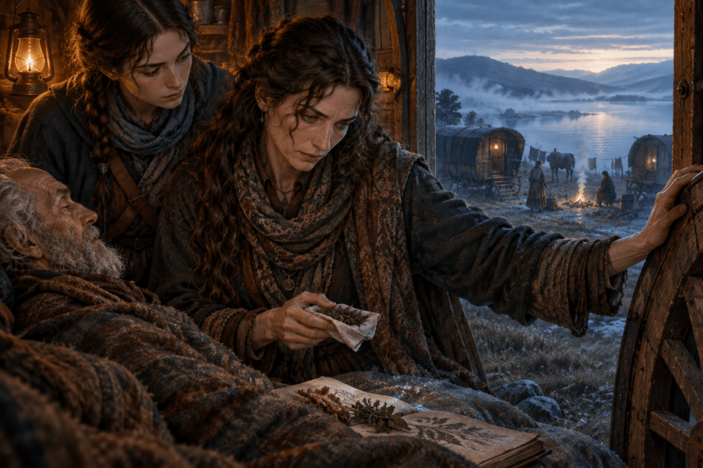 Drina’s lesson: Inside a travelling wagon, Drina holds herbs beside an elderly patient while the writer watches her hand; dawn mist hangs over the lough outside. Quantum Gravity - Azad.