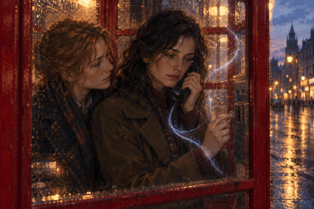 The unanswered call: Indra and Kendra stand inside a rain-speckled red telephone box at twilight, one holding the receiver while the other stays close beside her. Quantum Gravity - Azad.