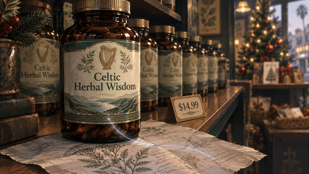 Celtic Herbal Wisdom: An amber bottle labelled “Celtic Herbal Wisdom,” with a gold harp emblem, stands on a botanical handout beside a $14.99 price card. Quantum Gravity - Azad.