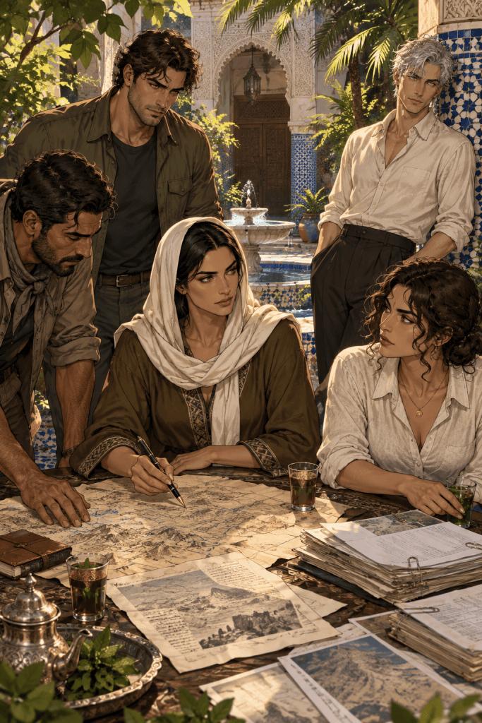 Five people gather around maps and photocopies on a table in a tiled Moroccan courtyard with a fountain. A woman in a white headscarf writes with a pen while the others watch; a silver-haired man leans against a blue mosaic pillar.
中文：五个人围在摩洛哥庭院的桌旁，桌上铺满地图和复印件，背后是喷泉和蓝色马赛克。一位戴白色头巾的女人执笔书写，其他人注视着她；一位银发男子倚着蓝色马赛克柱子。
