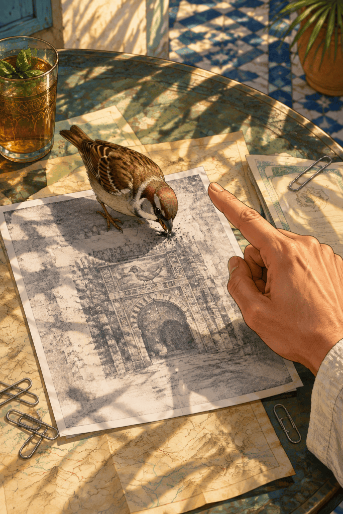 A sparrow pecks at a grainy photocopy of a carved city gate with a bird above its arch. A hand points at the gate. Maps, paperclips and a glass of mint tea lie on a mosaic table in a sunlit Moroccan patio, striped with palm shadows.一只麻雀啄着一张模糊的复印件，上面是一座雕有飞鸟的城门。一只手指向城门。阳光照进摩洛哥庭院，棕榈树影落在马赛克桌面上，桌上散放着地图、回形针和一杯薄荷茶。