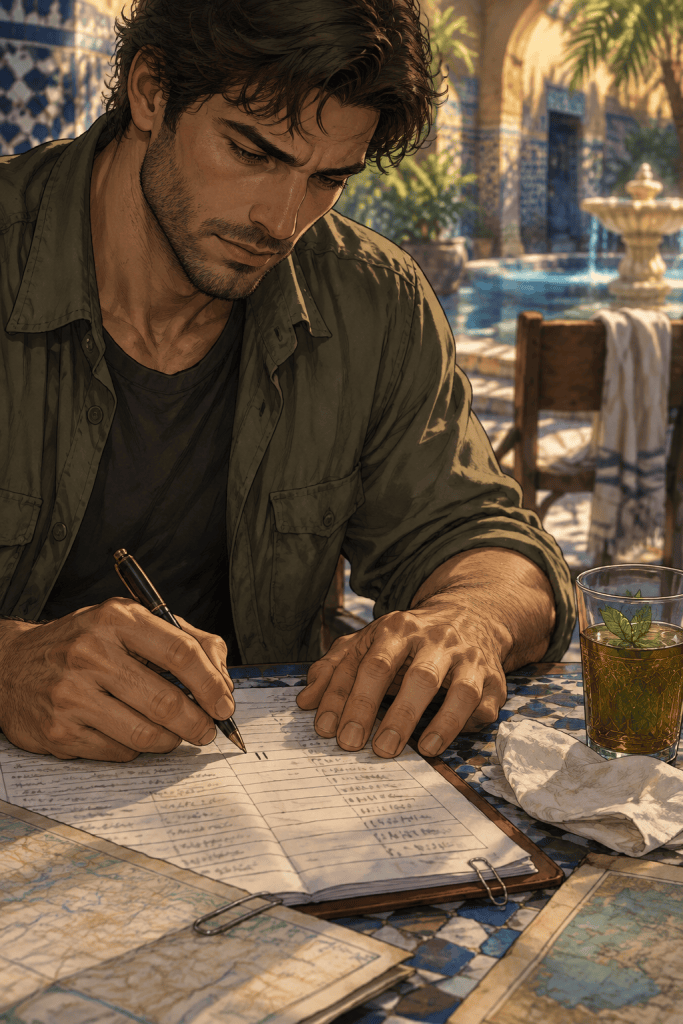 A dark-haired man in an olive shirt writes figures into a ruled list with a fountain pen. Maps, a paperclip, a folded napkin and a glass of mint tea lie on a mosaic table in a sunlit courtyard.
中文：一位穿橄榄色衬衫的黑发男子用钢笔在表格上写下数字。阳光下的马赛克桌面上放着地图、回形针、一块折起的餐巾和一杯薄荷茶。