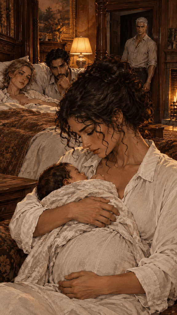 A newborn baby girl in warm lamplight, her eyes sharp and fox-like, with a soft golden glow beneath her skin as she nurses.