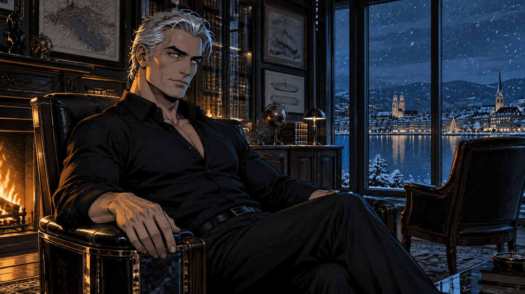 Tarmo: three gods one man, in his study.