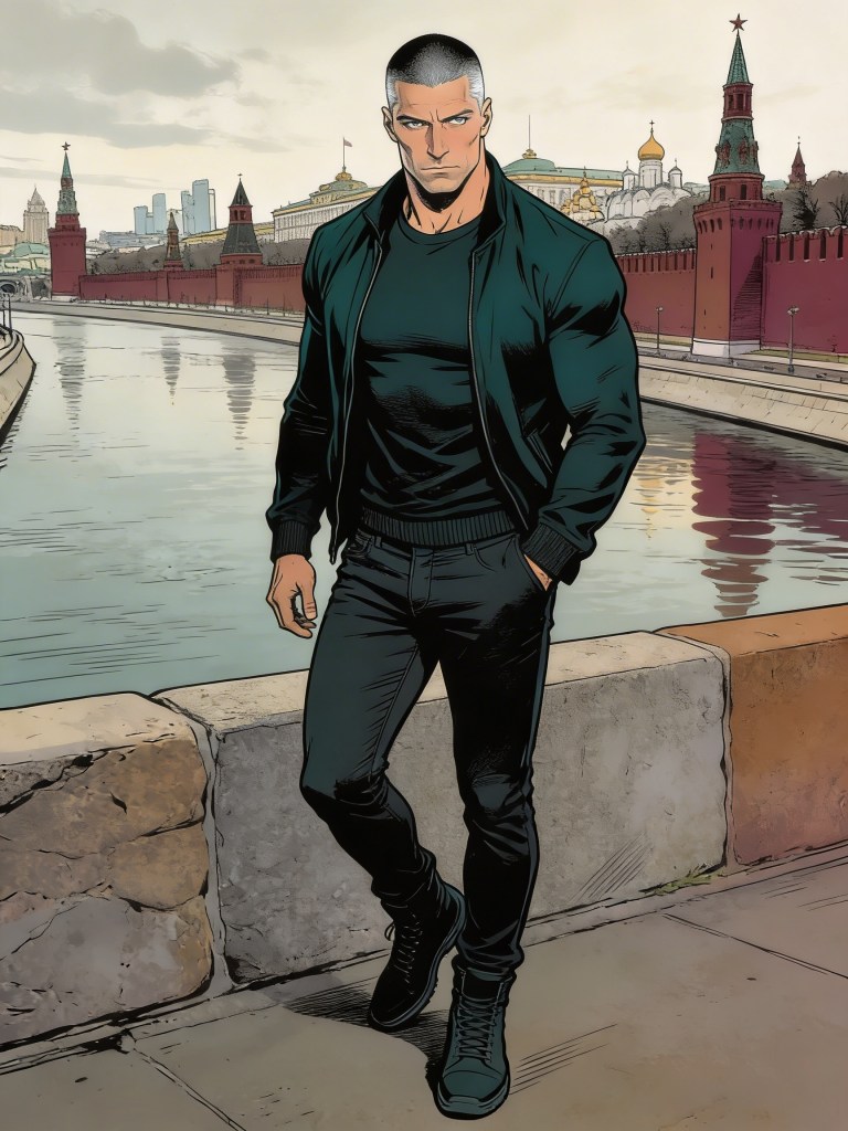 "Graphic-novel illustration of Mikhail, a serious, silver-haired man in dark clothes standing beside the Kremlin walls and the Moskva river." Zavet.