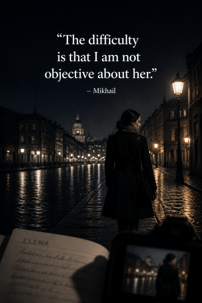 "Dark quote graphic: a dark-haired woman in a black coat walks beside a rain-slick canal at night, with a notebook labeled 'Elena' and a phone screen in the foreground." Zavet.