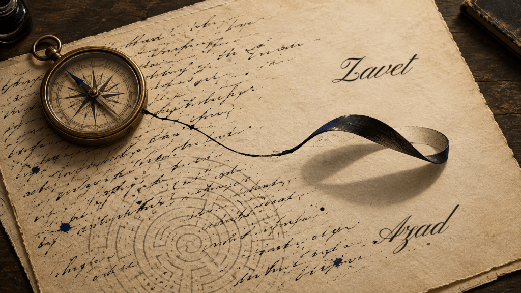 A brass compass rests on an old sheet of parchment covered in faded handwriting. A line of ink runs from the compass across the page and twists up into a dark Möbius strip. “Zavet” is written in ink above the strip and “Azad” below it, and a faint labyrinth is drawn into the paper underneath.